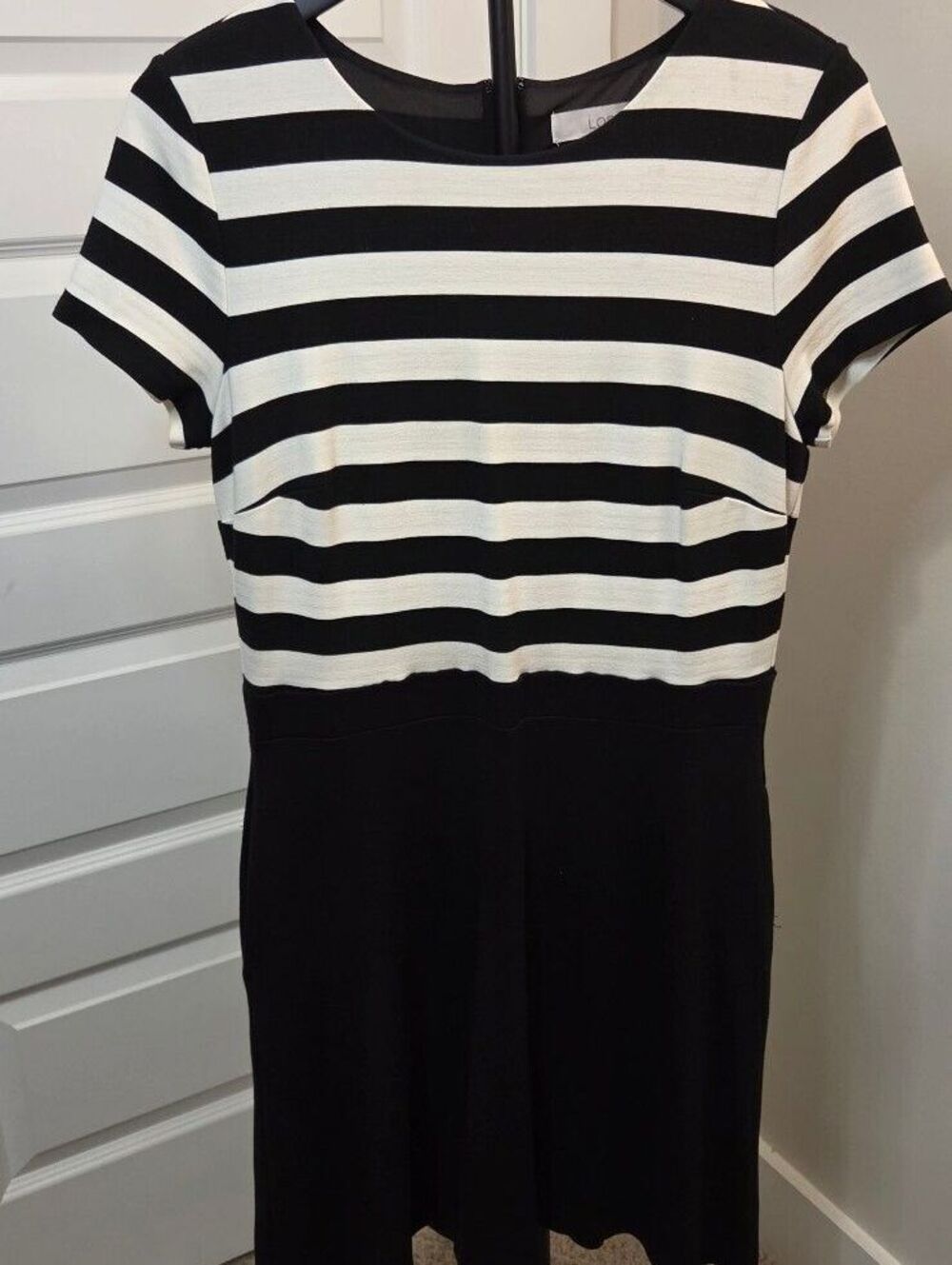 LOFT Black and White Striped Midi Dress with Pockets Size 10